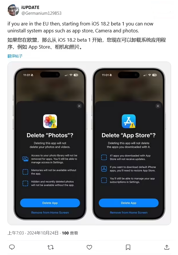 临邑苹果手机维修分享iOS 18.2 支持删除 App Store 应用商店 