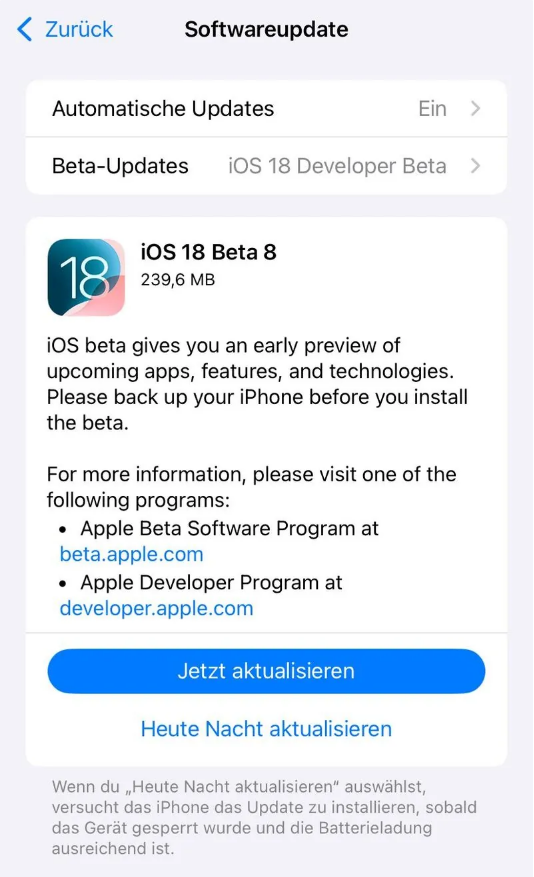 临邑苹果手机维修分享苹果 iOS / iPadOS 18 开发者预览版 Beta 8 发布 